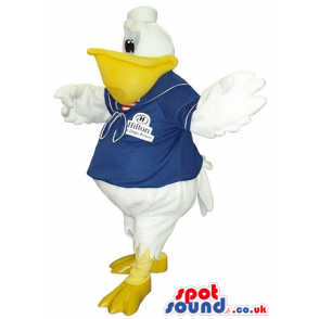 White Pelican Plush Mascot Wearing A Blue Naval Shirt With Logo