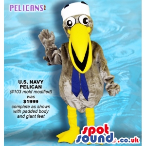 Grey Pelican Bird Plush Mascot Wearing Sailor Garments - Custom