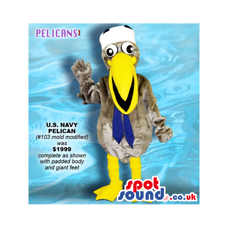 Grey Pelican Bird Plush Mascot Wearing Sailor Garments - Custom