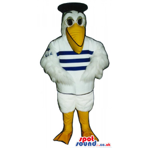 White Pelican Plush Mascot Wearing Sailor Garments And Glasses