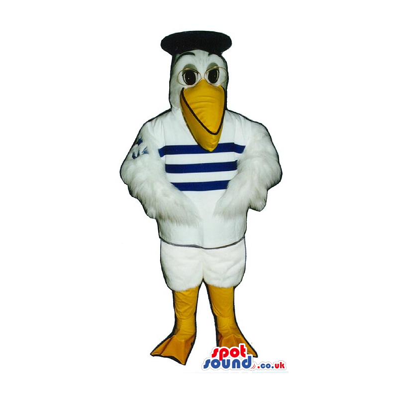 White Pelican Plush Mascot Wearing Sailor Garments And Glasses