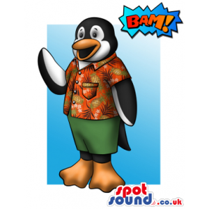 Funny Penguin Mascot Drawing In A Summer Shirt And Shorts -