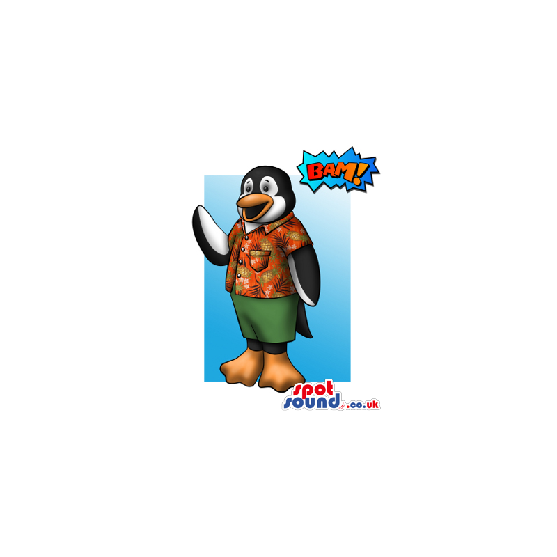 Funny Penguin Mascot Drawing In A Summer Shirt And Shorts -