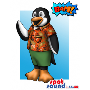 Funny Penguin Mascot Drawing In A Summer Shirt And Shorts -