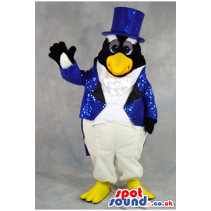 Funny Penguin Plush Mascot In Blue Glitter Magician Garments -