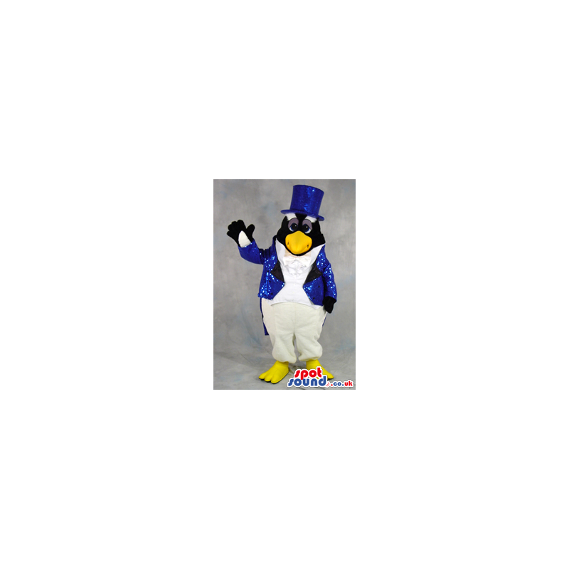 Funny Penguin Plush Mascot In Blue Glitter Magician Garments -