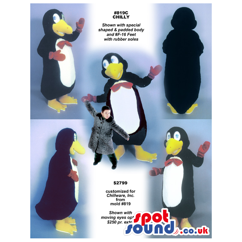 Funny Penguin Plush Mascot Wearing Winter Mittens And A Bow Tie