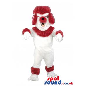 Red dog mascot dressed up in red and in white and with red hair