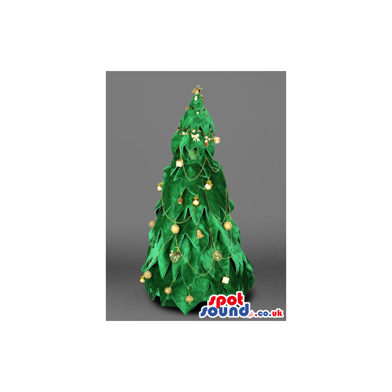 Tall christmas tree mascot with golden traditional ornaments -