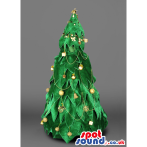Tall christmas tree mascot with golden traditional ornaments -