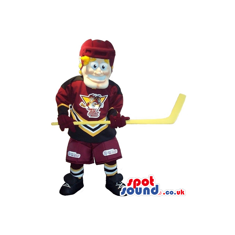 Blond Man Mascot Wearing Ice-Hockey Clothes And A Stick -