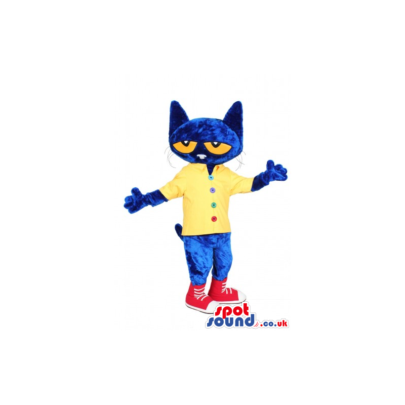 Flashy Blue Fantasy Cat Plush Mascot Wearing A Yellow Shirt -