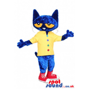 Flashy Blue Fantasy Cat Plush Mascot Wearing A Yellow Shirt -