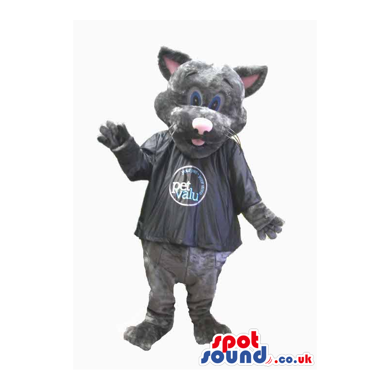 Grey Cat Plush Mascot Wearing A Black Shirt With A Logo -