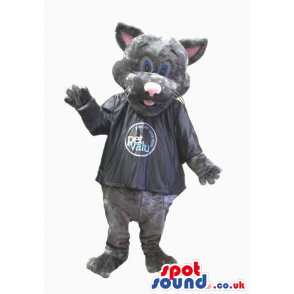 Grey Cat Plush Mascot Wearing A Black Shirt With A Logo -