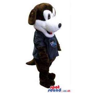 Brown And White Dog Plush Mascot Wearing A Black Logo Shirt -