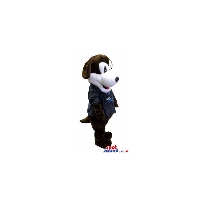 Brown And White Dog Plush Mascot Wearing A Black Logo Shirt -