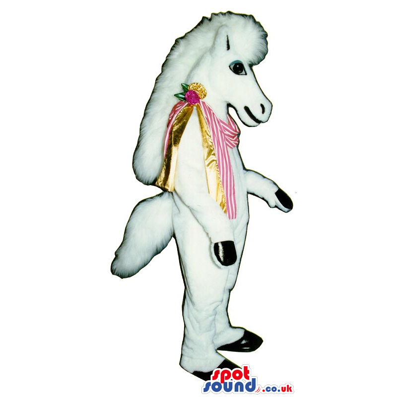 Customizable All White Horse Plush Mascot Wearing A Shinny