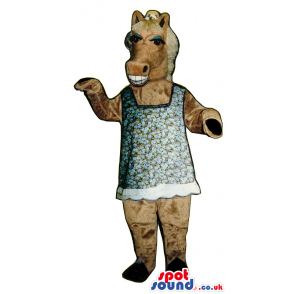 Brown Lady Horse Plush Mascot Wearing A Dress And A Hat -