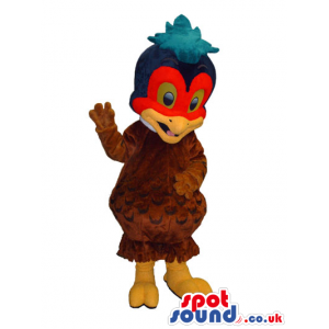 Brown Exotic Bird Plush Mascot With A Red Face And Blue Comb -