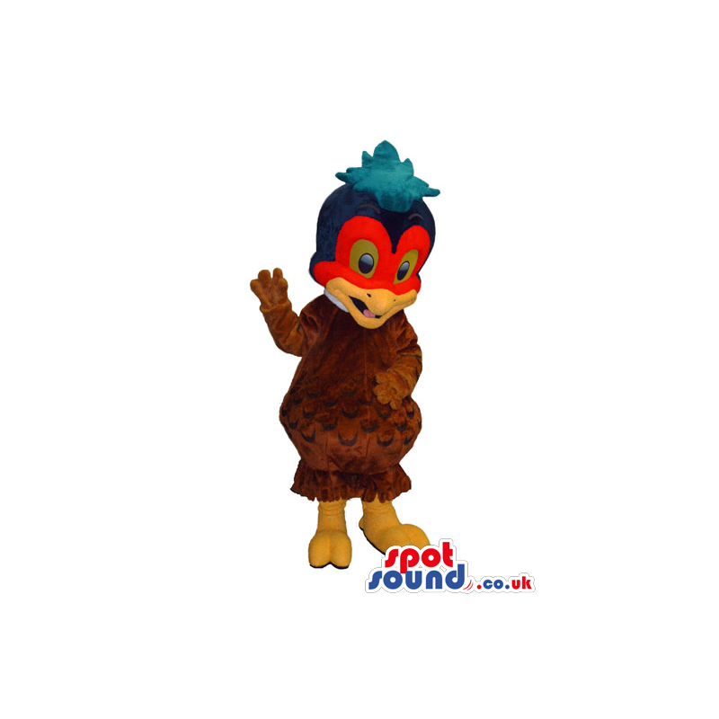 Brown Exotic Bird Plush Mascot With A Red Face And Blue Comb -