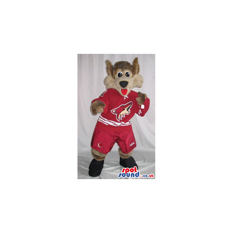 Wolf Plush Mascot Wearing Red Sports Clothes With A Logo -