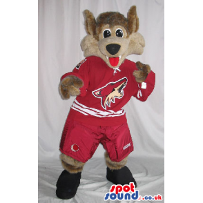 Wolf Plush Mascot Wearing Red Sports Clothes With A Logo -