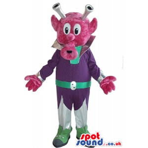 Cosmic Pink Alien Creature Plush Mascot In Purple Clothes -