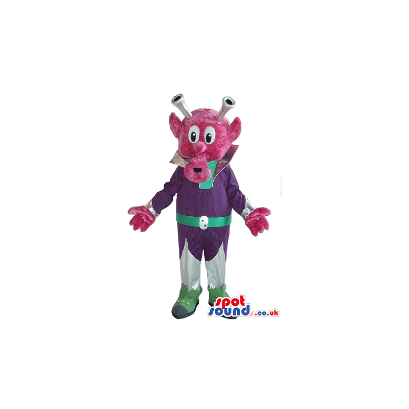 Cosmic Pink Alien Creature Plush Mascot In Purple Clothes -