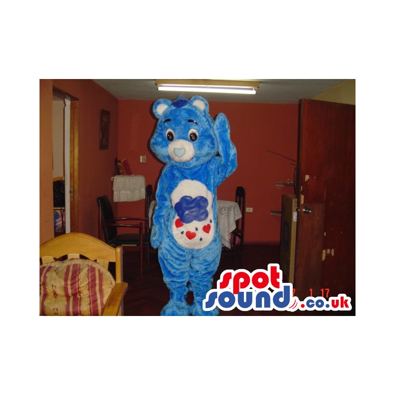 Funny blue bear mascot with cloud raining hearts on its belly -