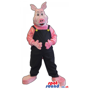 Customizable All Pink Pig Mascot Wearing Black Overalls -