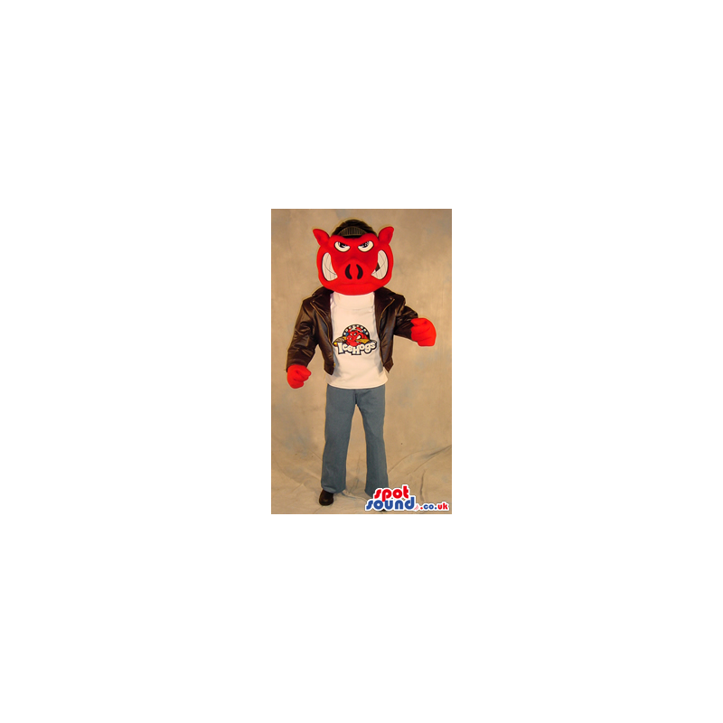 Red Angry Hog Plush Mascot Wearing A Leather Jacket With A Logo
