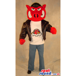 Red Angry Hog Plush Mascot Wearing A Leather Jacket With A Logo