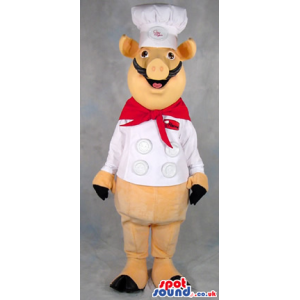 Yellow Hog Or Pig Plush Mascot Wearing Chef Garments And A Logo