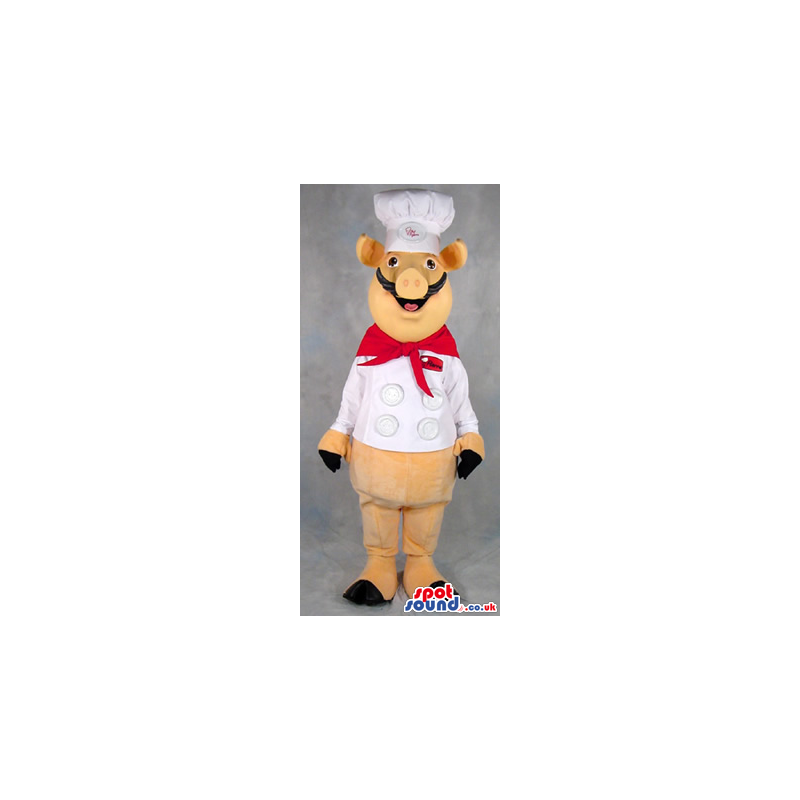 Yellow Hog Or Pig Plush Mascot Wearing Chef Garments And A Logo