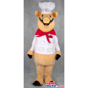 Yellow Hog Or Pig Plush Mascot Wearing Chef Garments And A Logo