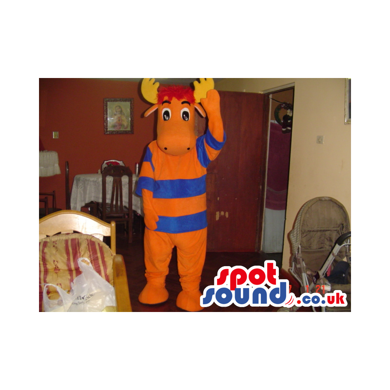 Orange moose mascot with red hair and yellow antlers - Custom