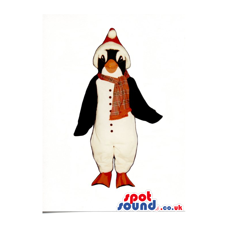 Cute Penguin Animal Plush Mascot Wearing Red Winter Garments -