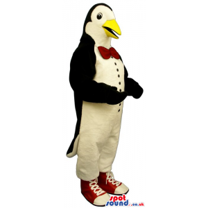 Cute Penguin Animal Plush Mascot Wearing Red Bow Tie And