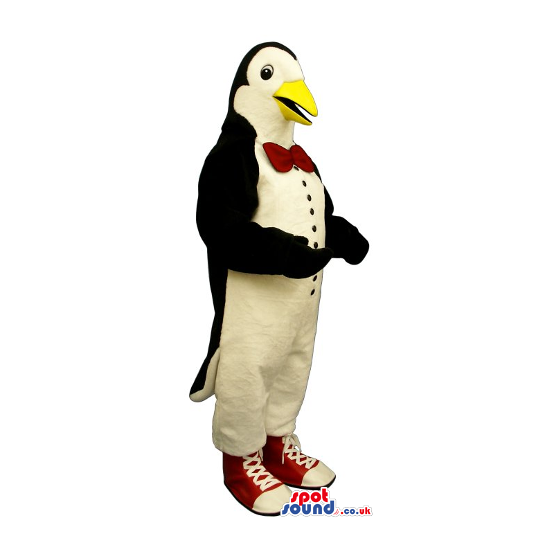 Cute Penguin Animal Plush Mascot Wearing Red Bow Tie And
