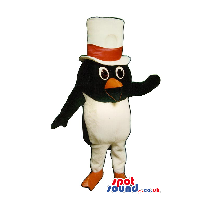 Small Penguin Animal Plush Mascot Wearing Red Bow Tie Top Hat -