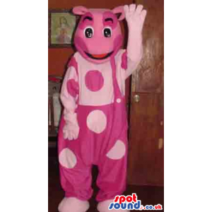 Fantasy Pink Bear Plush Mascot In Overalls Full Of Big Dots -