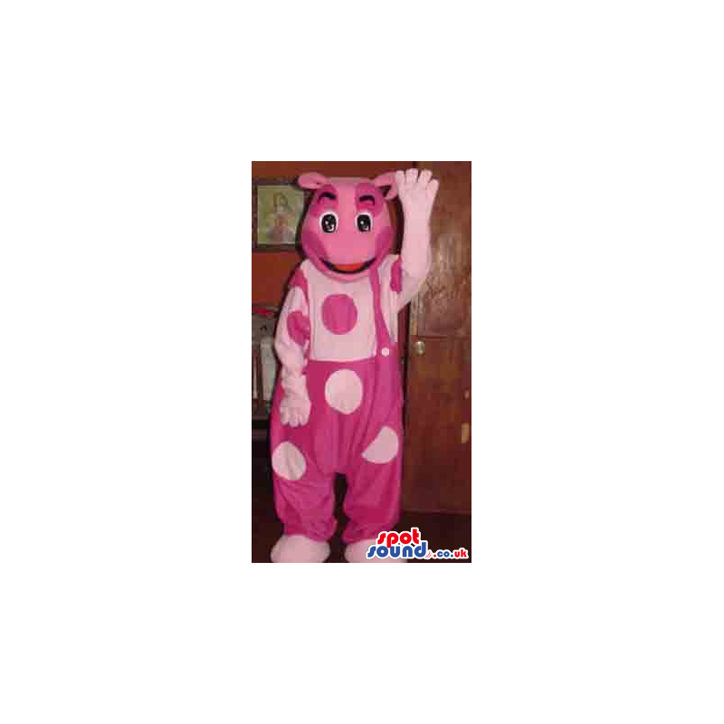 Fantasy Pink Bear Plush Mascot In Overalls Full Of Big Dots -