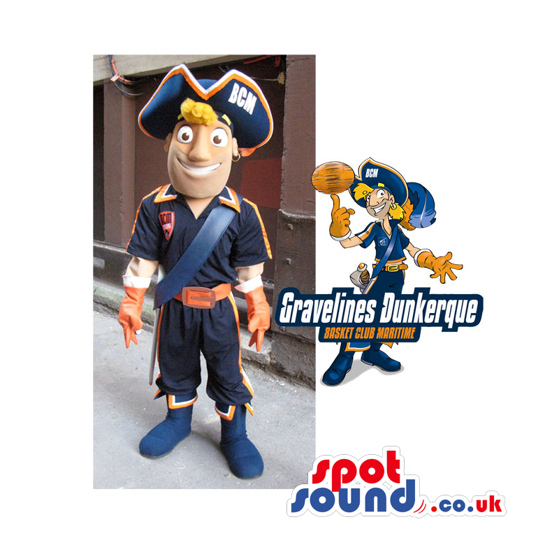 Human Character Mascot Dressed As A Pirate With A Team Logo -
