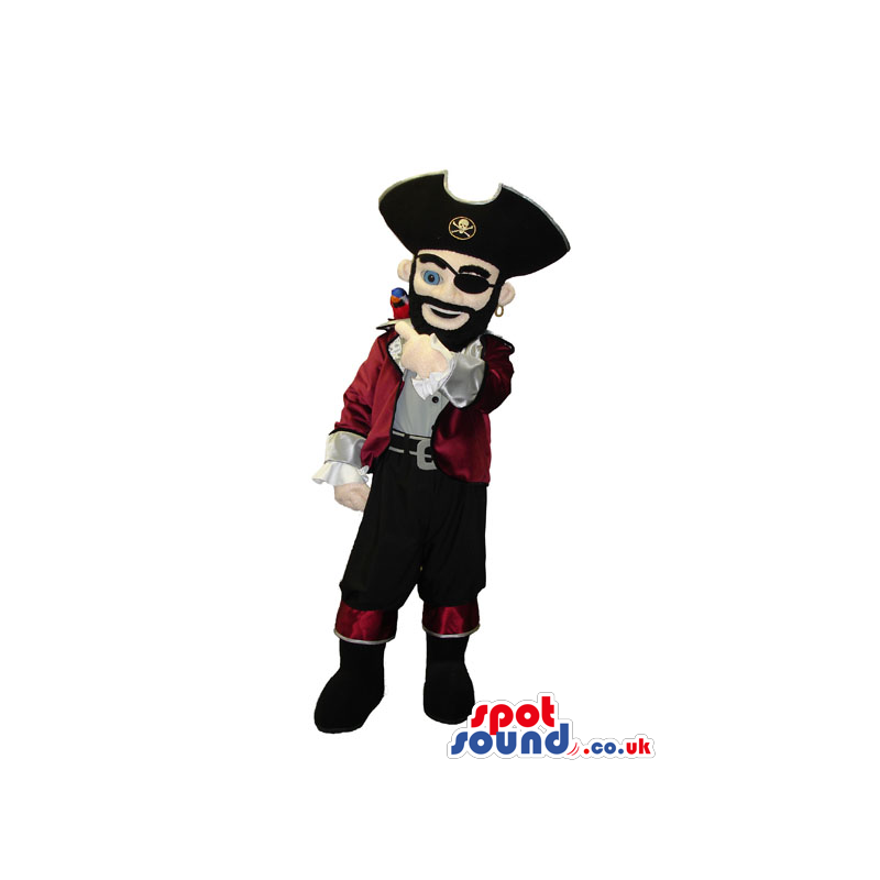 Pirate Character Mascot In A Hat With A Logo And A Parrot -