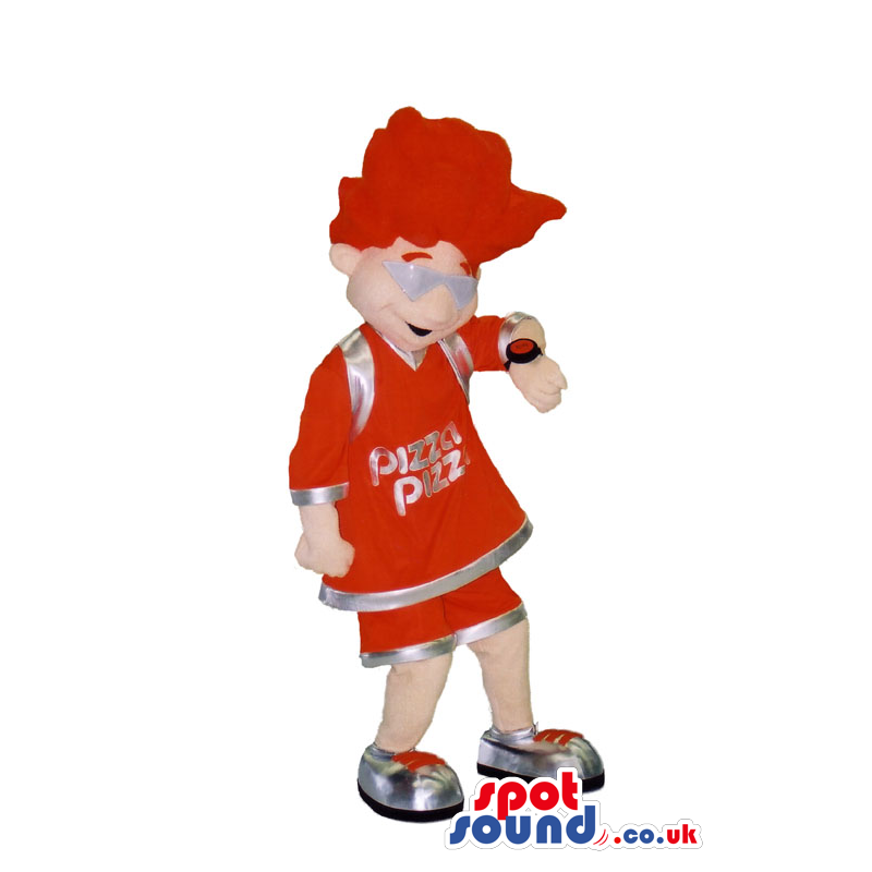 Boy Mascot With A Red Hairdo Wearing Clothes With Text And