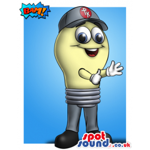 Light Bulb Mascot Wearing A Cap With A Logo And A Crazy Face -