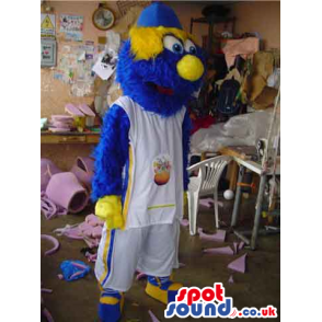 Blue And Yellow Hairy Monster Plush Mascot In Basketball