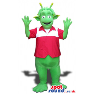 Green Alien Flashy Plush Mascot Wearing A Red And White Shirt -