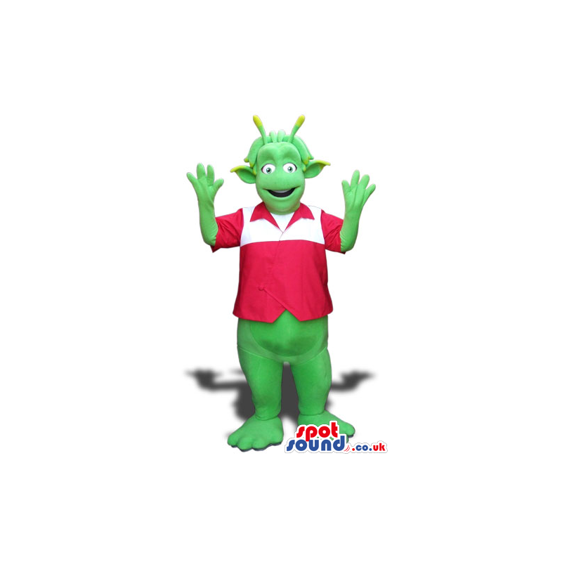 Green Alien Flashy Plush Mascot Wearing A Red And White Shirt -